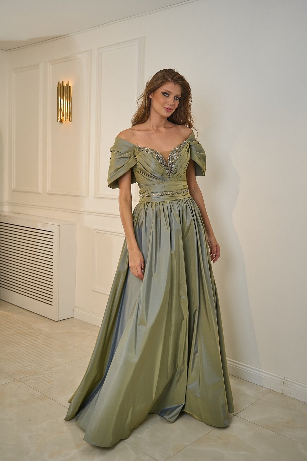 Stone Embroidered Low Sleeve Belt Detailed Long Evening Dress