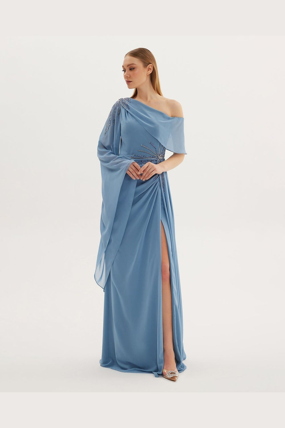 Mary Omuz Detaylı Derin Yırtmaçlı Elbise