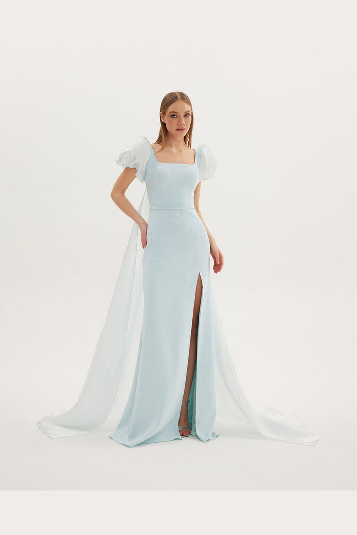 Pearl Embroidered Cape Detailed Deep Slit Dress