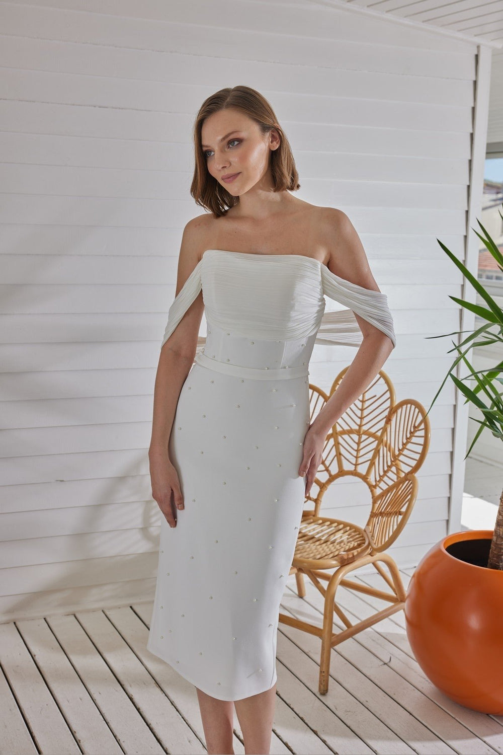 Ava Off Shoulder Pearl Embroidered Promise and Engagement Dress