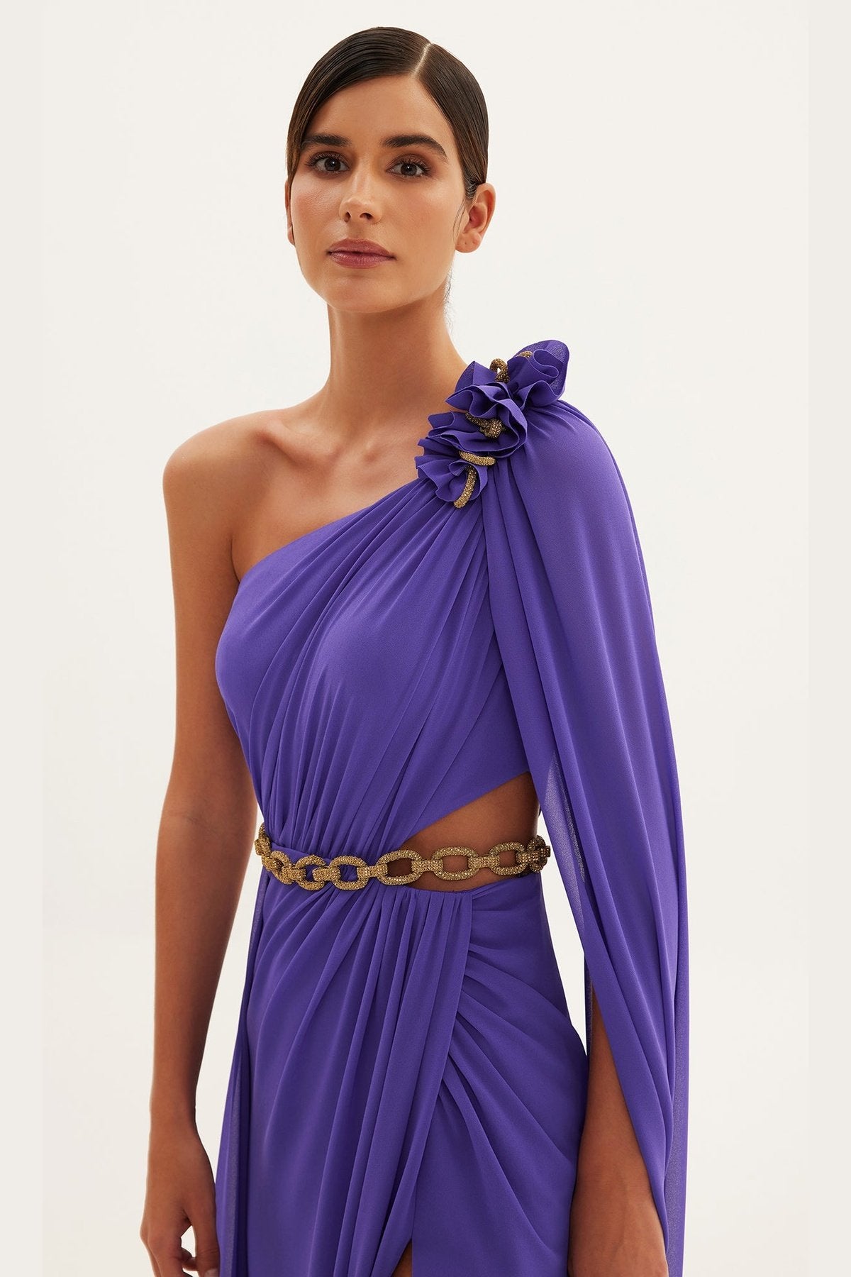 Chain Detailed One-Shoulder Deep Slit Dress