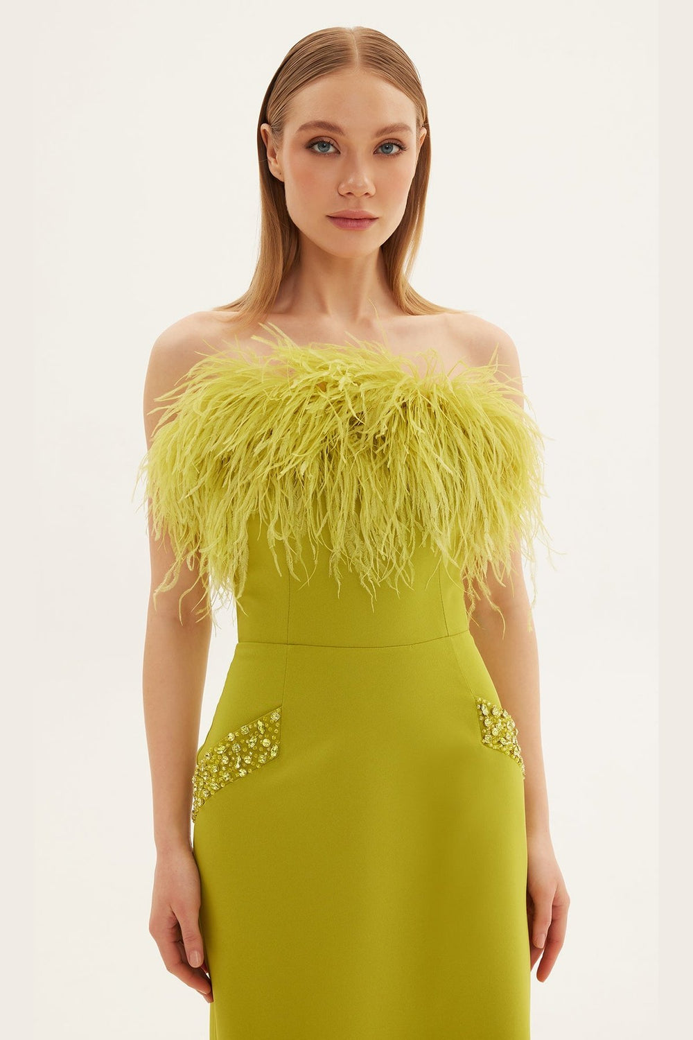 Strapless Bust Feather Detailed Dress