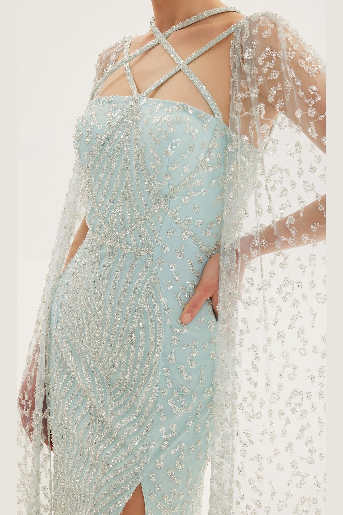 Cross Strap Detailed Strapless Cape Evening Dress