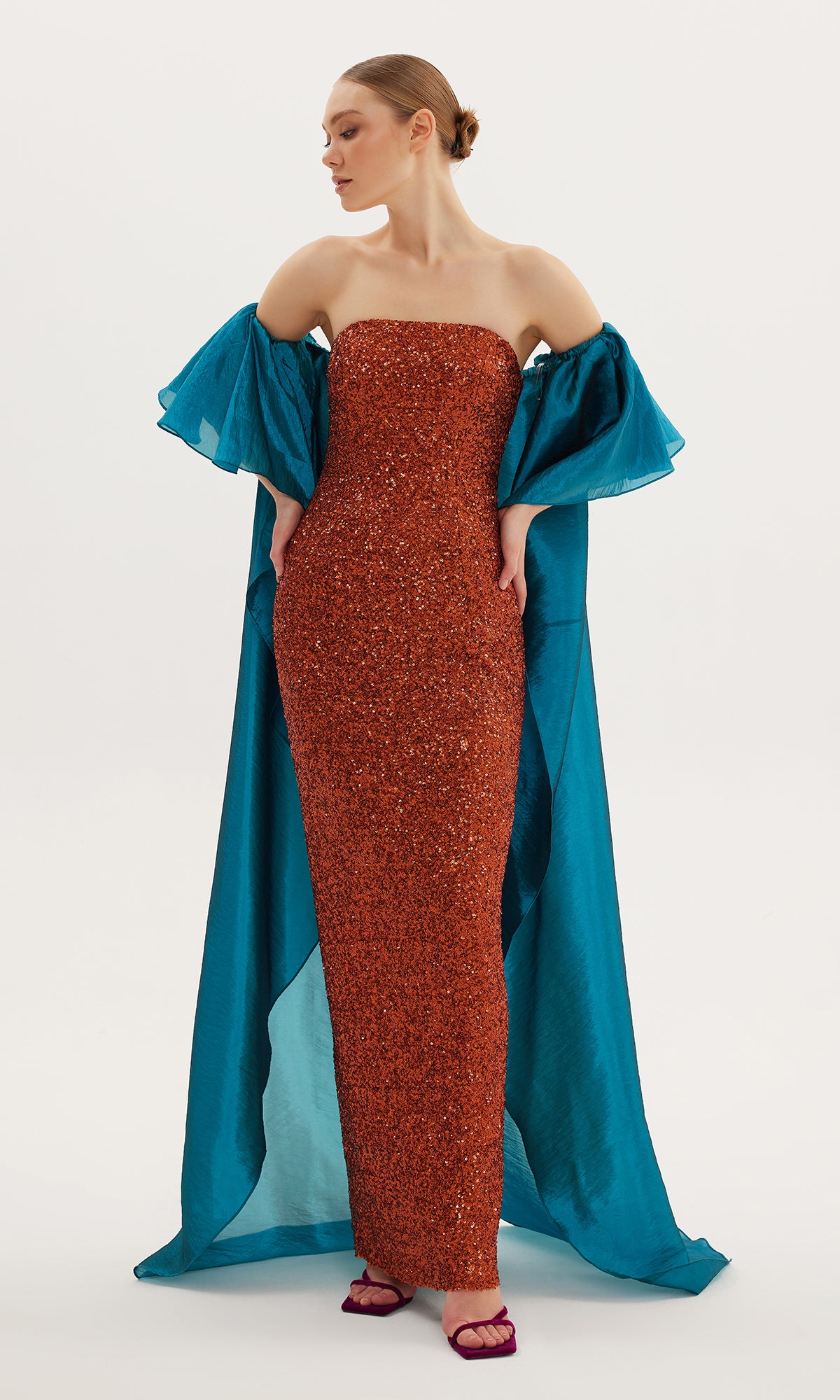 Strapless Cape Sequin Dress