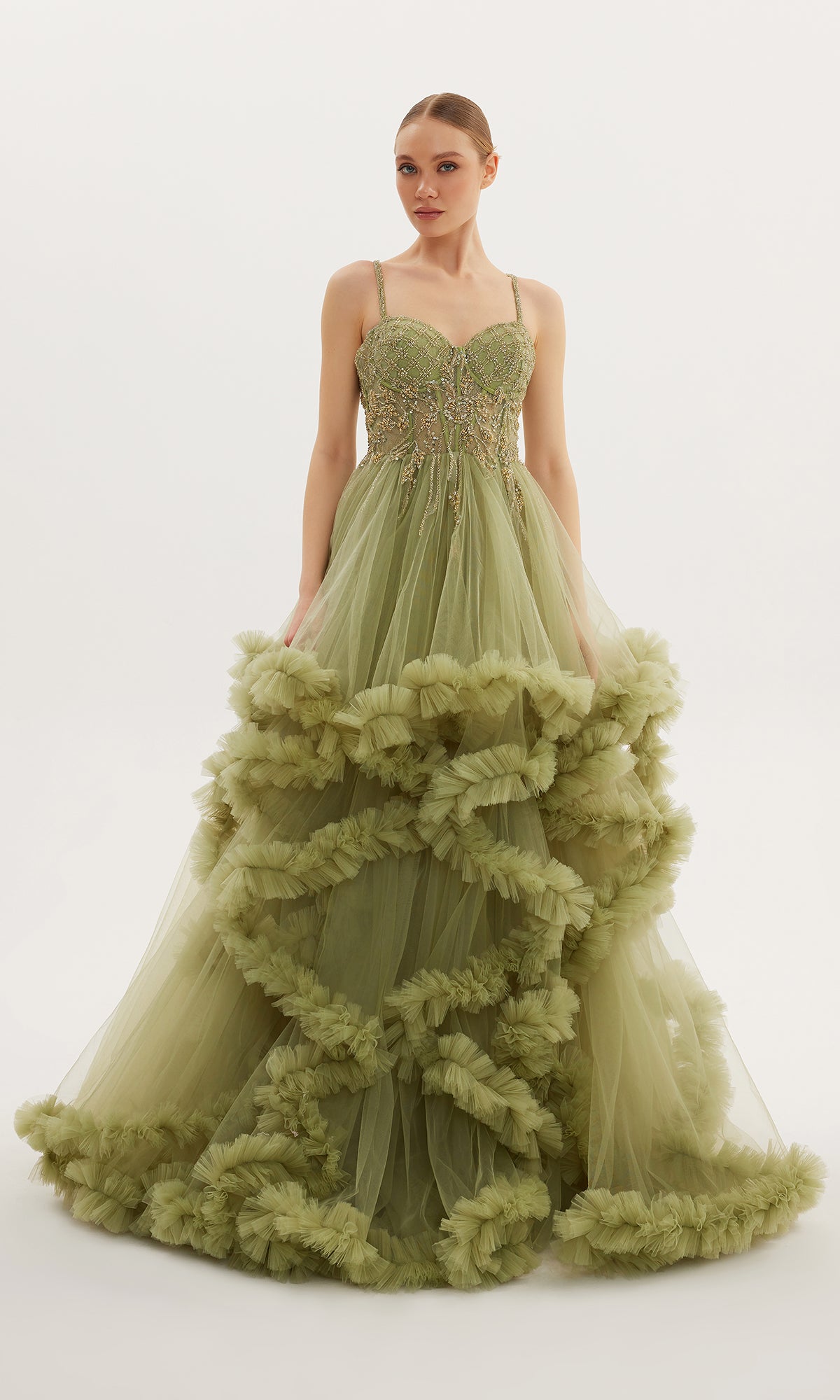 Evening Dress with Wide Skirt and Embroidered Collar