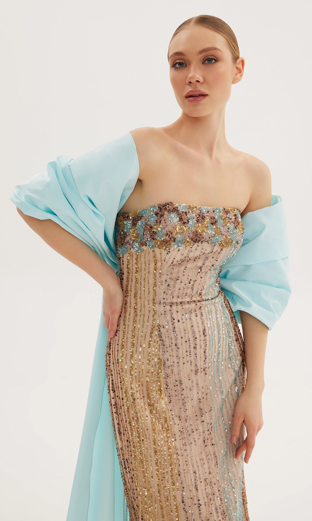 Strapless Bead Embroidered Cape Dress