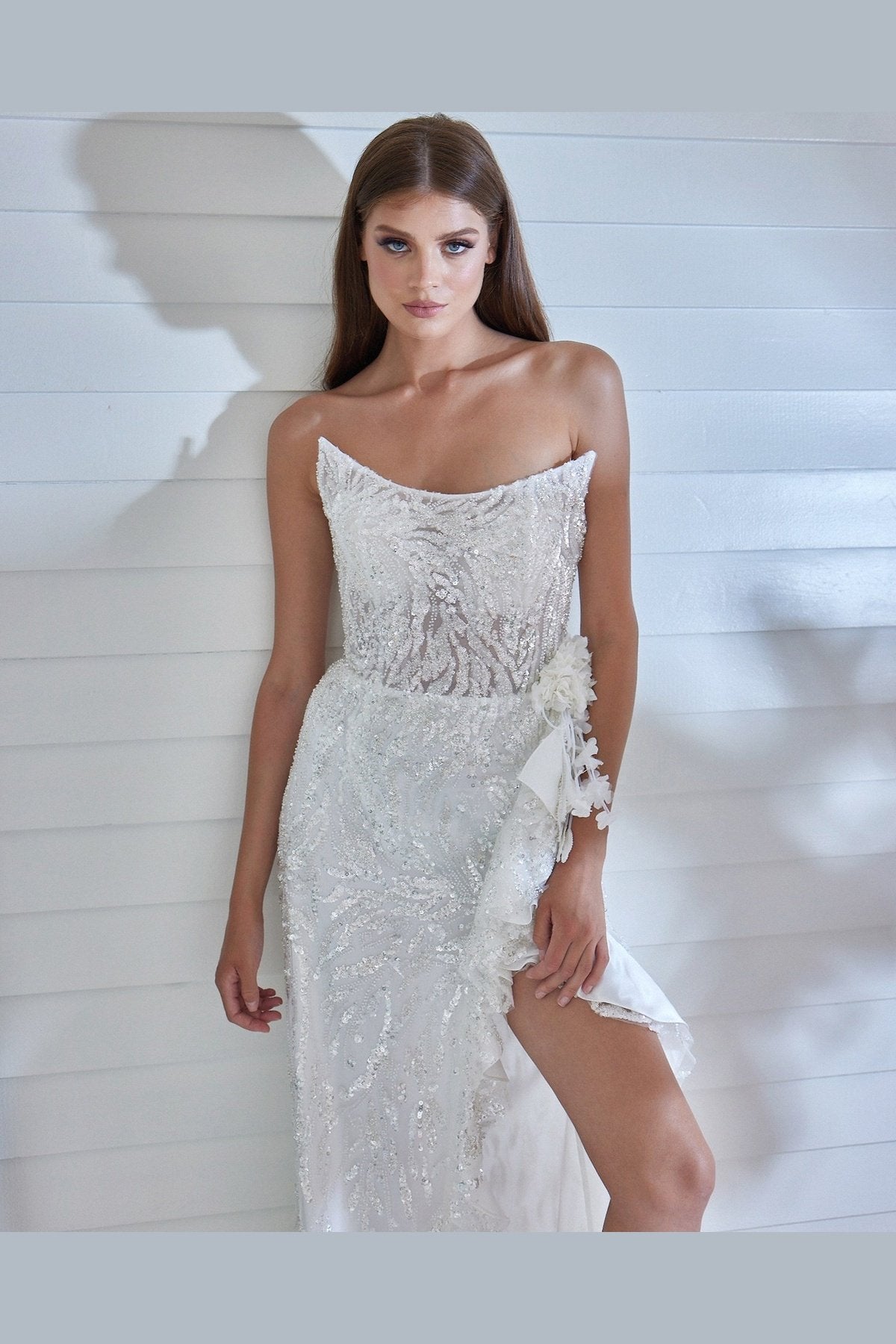 Annika Boat Neck Glittering Side Slit Engagement Dress