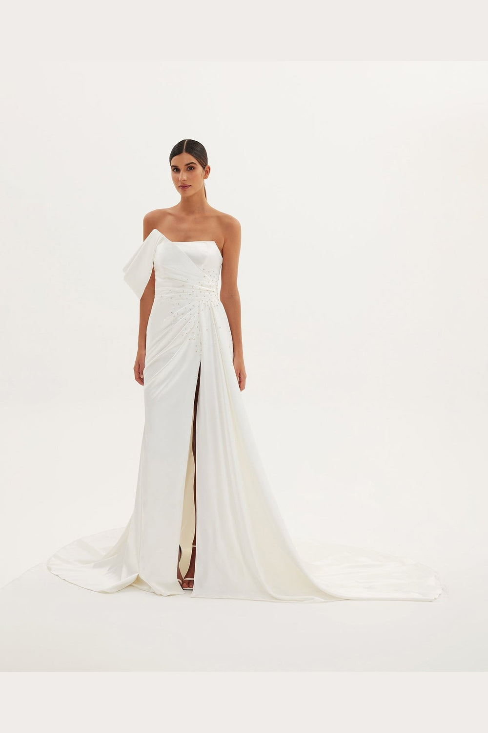 Calla Strapless Low-Sleeve Deep Slit Mermaid Wedding Dress