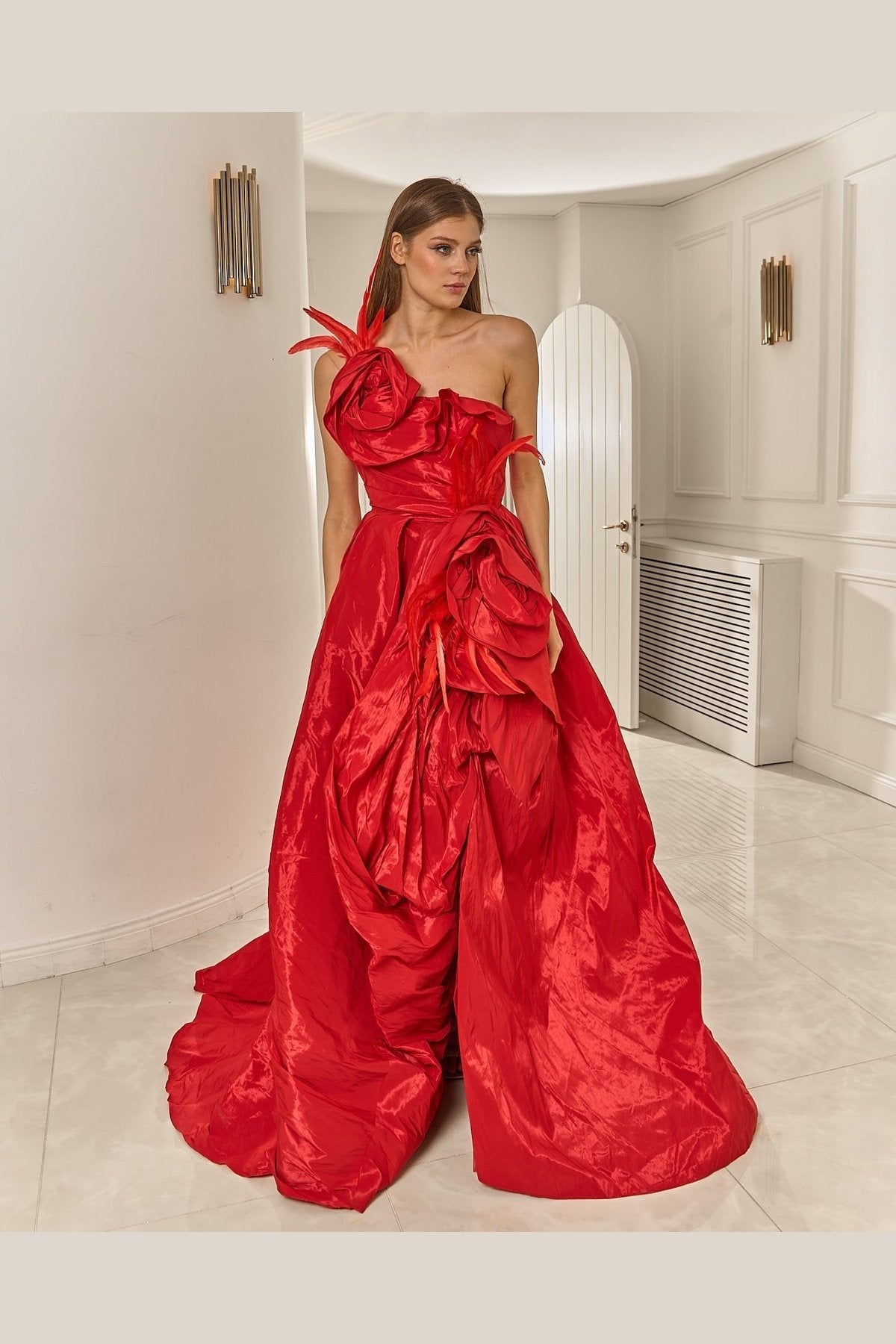 Dixie - Long Puffy Ball Gown with Rose Details in Red