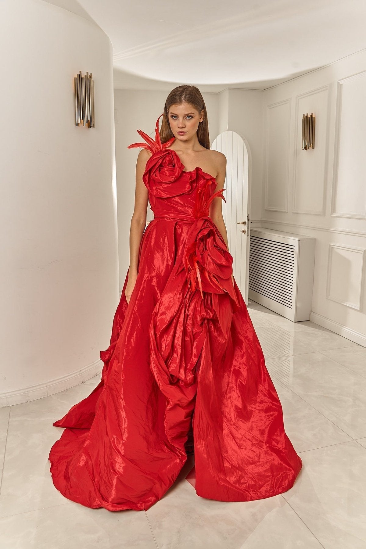 Dixie - Long Puffy Ball Gown with Rose Details in Red