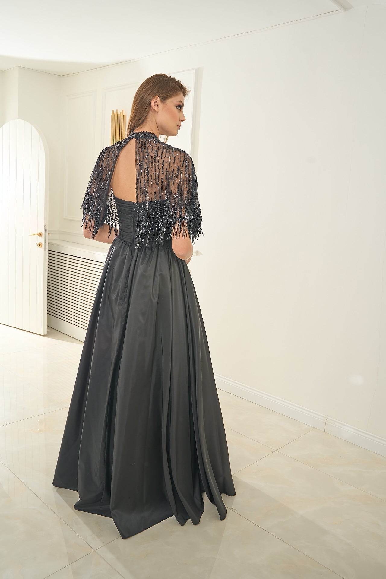 Eileen - Beaded Sleeveless Evening Dress with Slit Detail