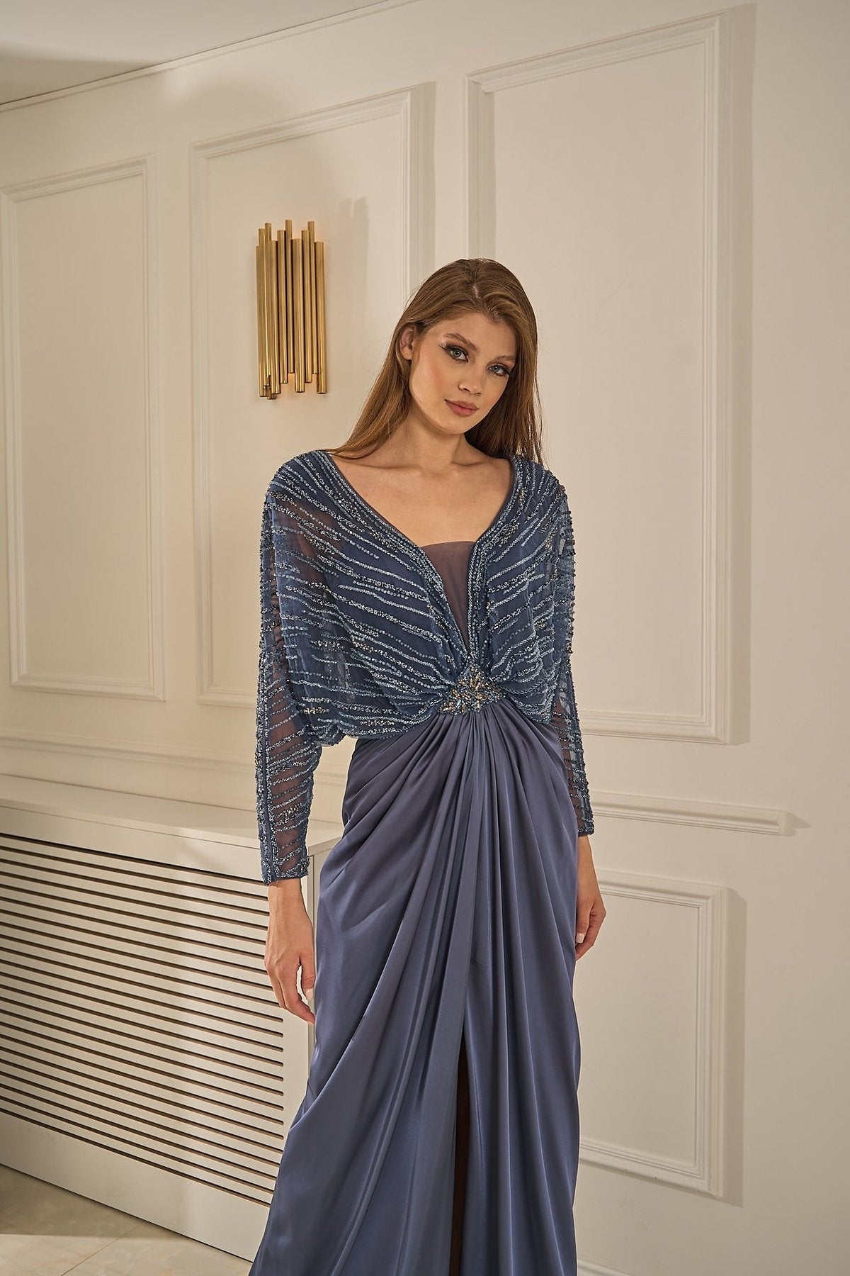  Fern - Long-Sleeved Embroidered Evening Dress with Slit Detail