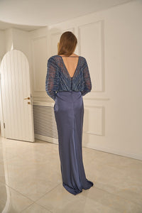  Fern - Long-Sleeved Embroidered Evening Dress with Slit Detail