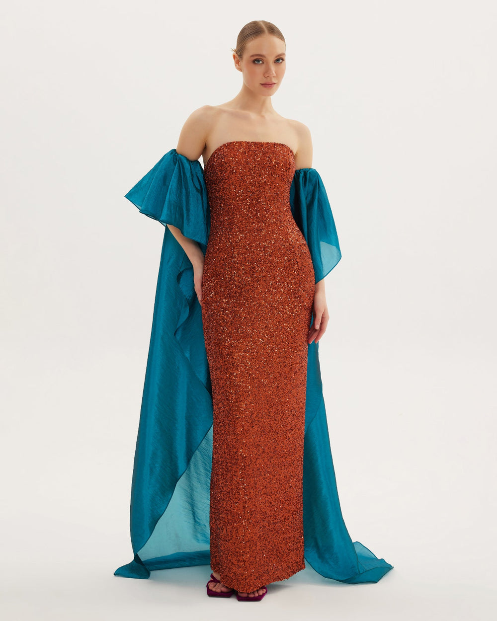 Strapless Cape Sequin Dress
