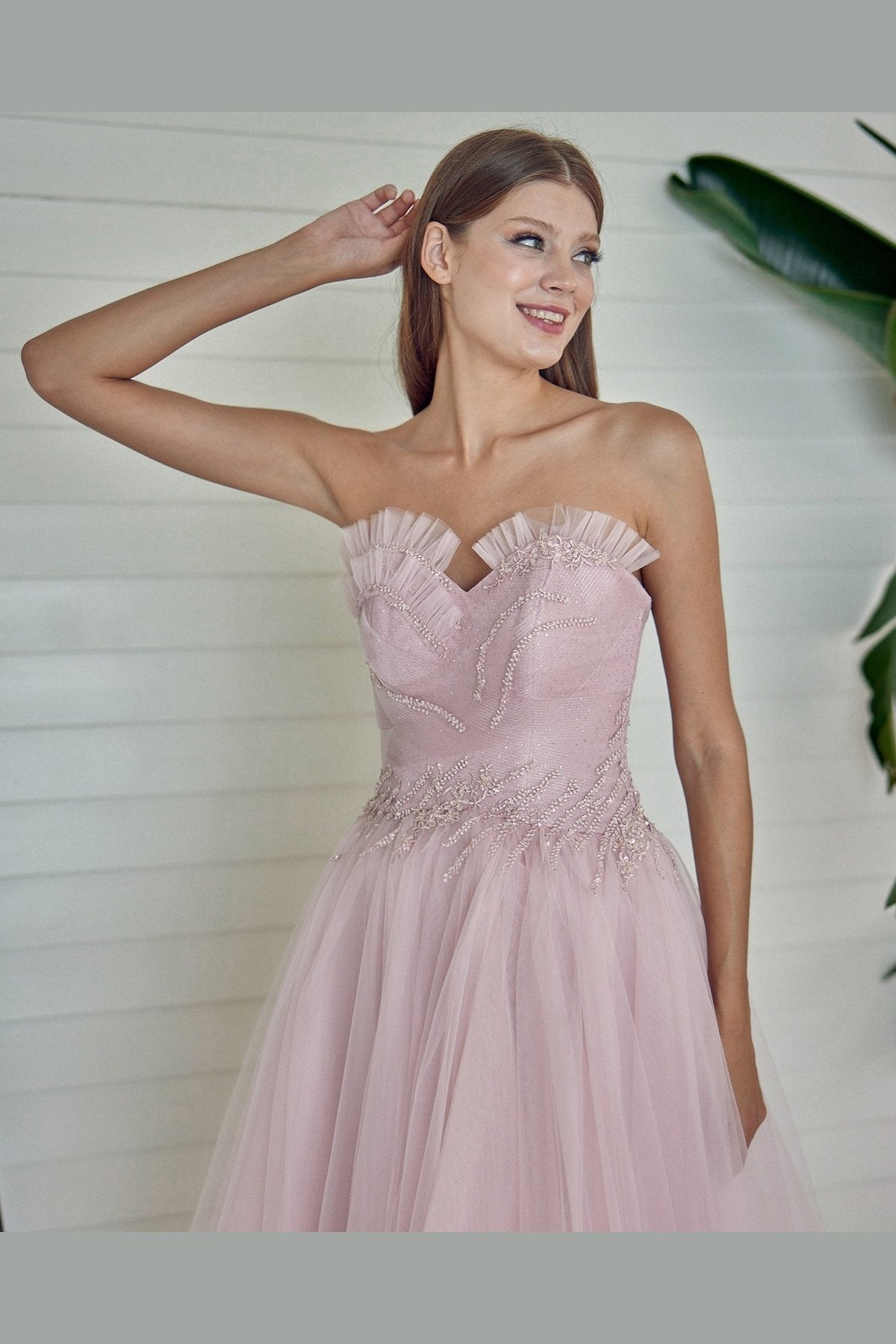 Misty Strapless Embroidered Midi Engagement Dress 