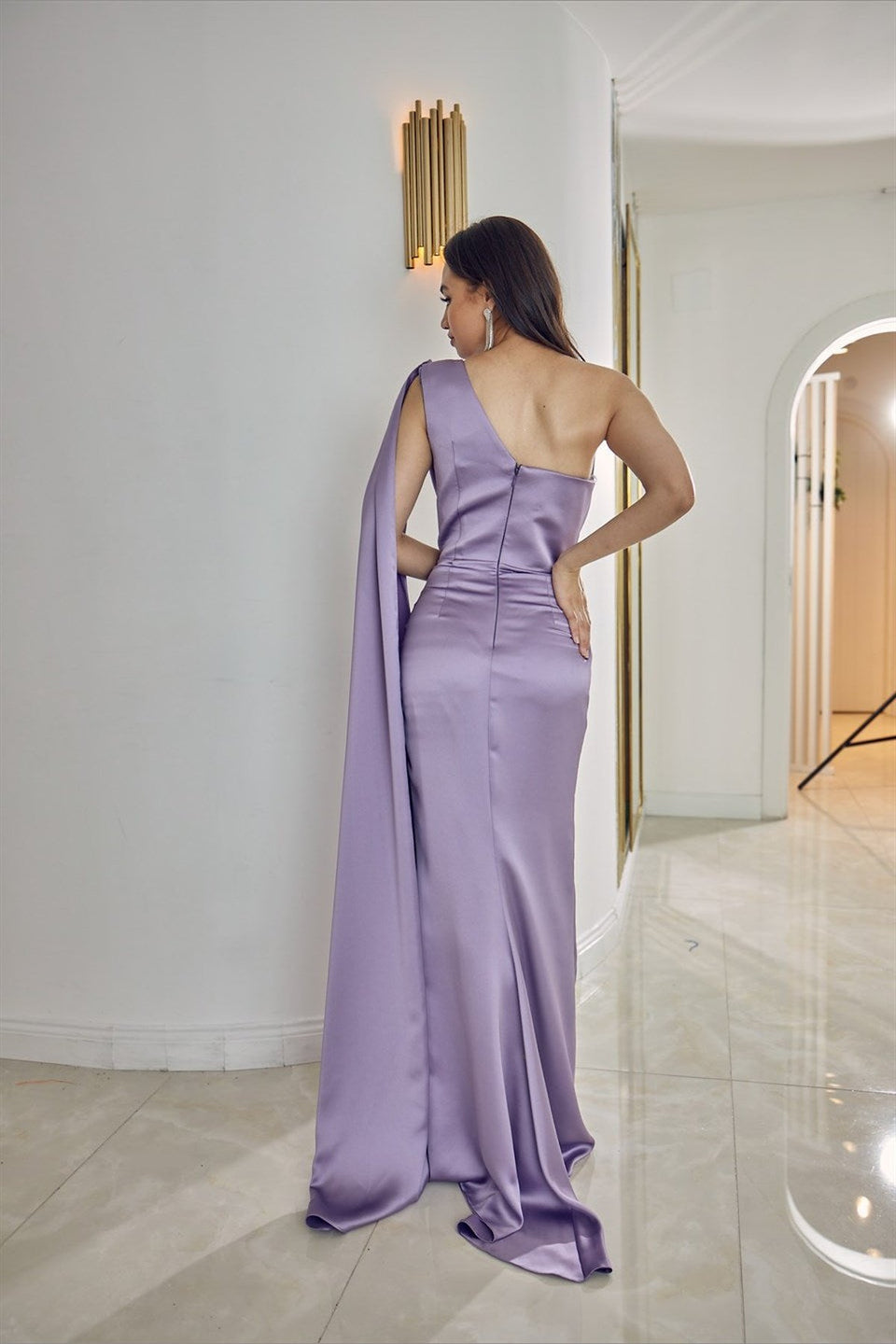 Olivia One Sleeve Embroidered Deep Slit Evening Dress 