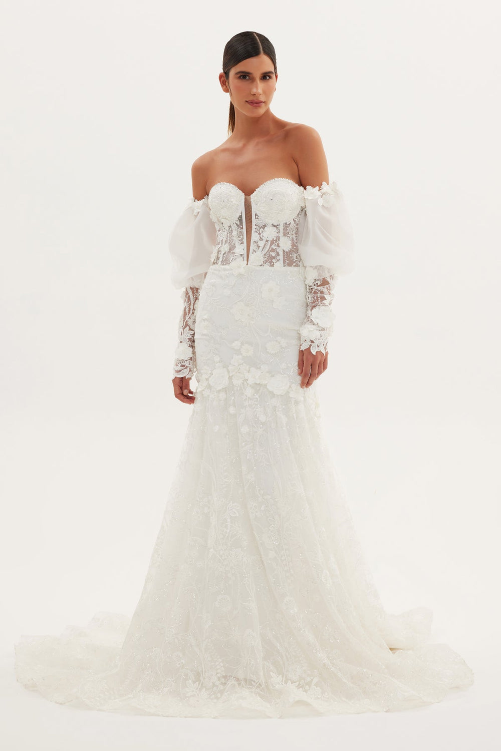 Phoebe Floral Detailed Low-Sleeve Mermaid Wedding Dress
