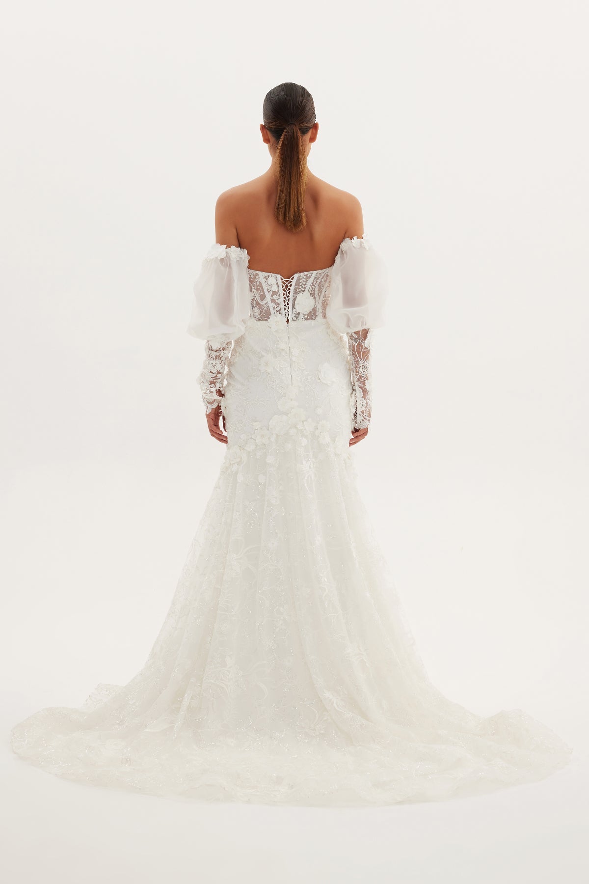 Phoebe Floral Detailed Low-Sleeve Mermaid Wedding Dress