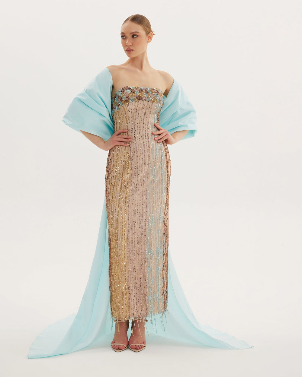 Strapless Bead Embroidered Cape Dress